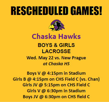 Chaska High School (@chaskahawks) on Twitter photo Today's <a href="/chaskaglax/">CHASKA GIRLS LAX</a> & <a href="/chaskalacrosse/">Chaska HS Boys LAX</a> games for tonight vs. New Prague have been moved to tomorrow (Wed. 5/22/24). See schedule in image as we have some unique game times due to official availability. Glad to get these games in regardless! Today's <a href="/chaskaglax/">CHASKA GIRLS LAX</a> & <a href="/chaskalacrosse/">Chaska HS Boys LAX</a> games for tonight vs. New Prague have been moved to tomorrow (Wed. 5/22/24). See schedule in image as we have some unique game times due to official availability. Glad to get these games in regardless!