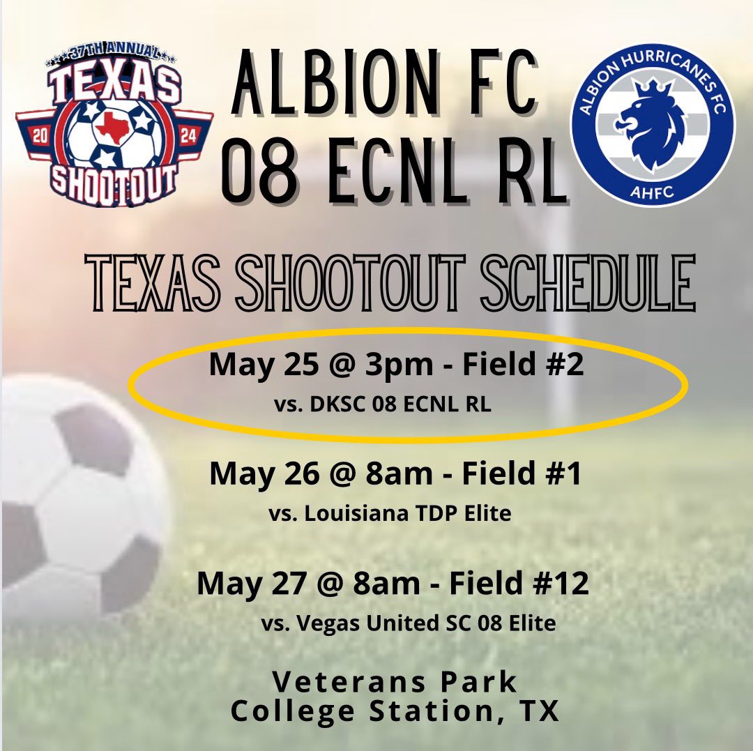 Albion U17 ECNL - RL (@ahfc08gecrl) on Twitter photo 🚨 🚨 🚨 Here is our updated schedule for <a href="/TXShootout/">Texas Shootout Girls Showcase</a> this weekend!
🆕 game time and field # for our Saturday match! 🚨 🚨 🚨 Here is our updated schedule for <a href="/TXShootout/">Texas Shootout Girls Showcase</a> this weekend!
🆕 game time and field # for our Saturday match!