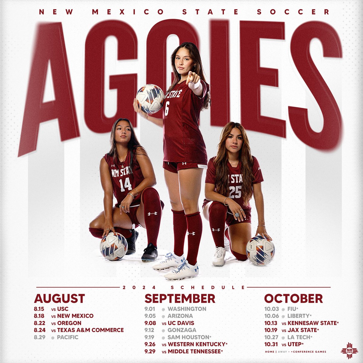 𝐈𝐭'𝐬 𝐡𝐞𝐫𝐞‼️

The Aggies 2024 schedule features 🔟 home games, including dates with @USC_WSoccer, @OregonSoccer and rivalry matchups with @UNMLoboWSoccer and @UTEPSoccer!

📰: bit.ly/3UP7ac0

#AggieUp | #NoLimitsOnUs
