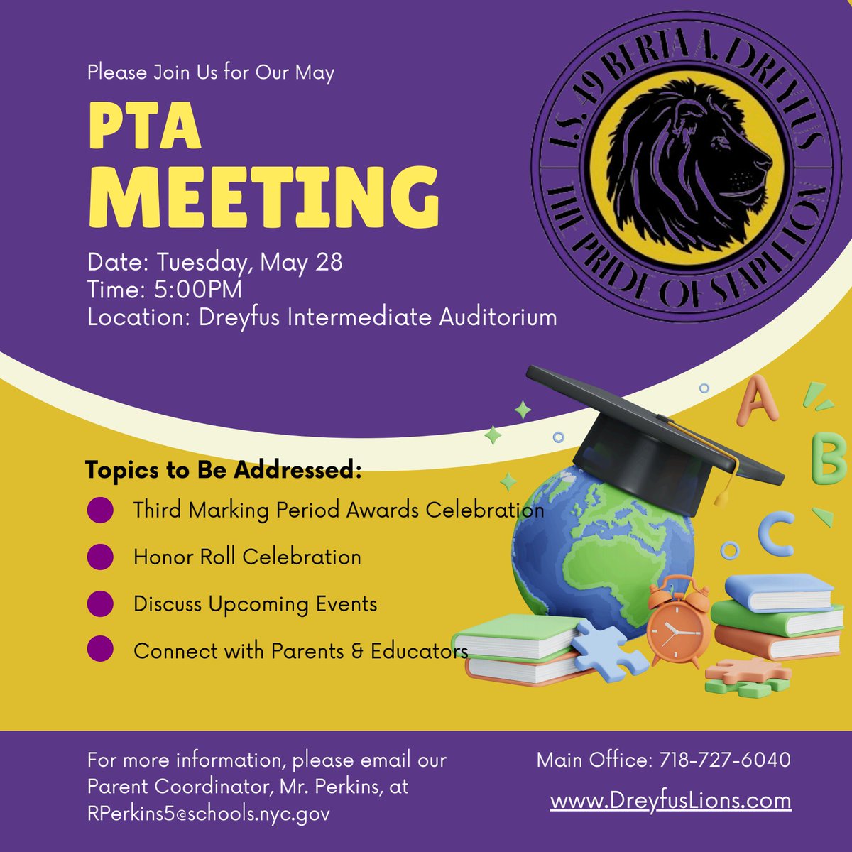 Attention Dreyfus families... Please join us next Tuesday, May 28th, for our PTA meeting. We will be celebrating our Ss who made Honor Roll, as well as giving our 3rd marking period awards. It's a great time to connect with other families and educators, too!