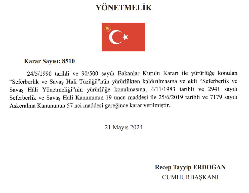 Reisim yine birşeyler deniyor 😎 🔴#SONDAKİKA | Cumhurbaşkanı Erdoğan'ın imzasıyla 52 sayfalık “Seferberlik ve Savaş Hâli Yönetmeliği” yayımlanarak yürürlüğe girdi. Cumhurbaşkanı kararı ile 😉