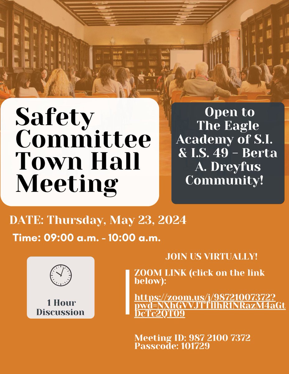 Join us virtually on zoom for our Safety Committee Town Hall Meeting this Thursday from 9am-10am.