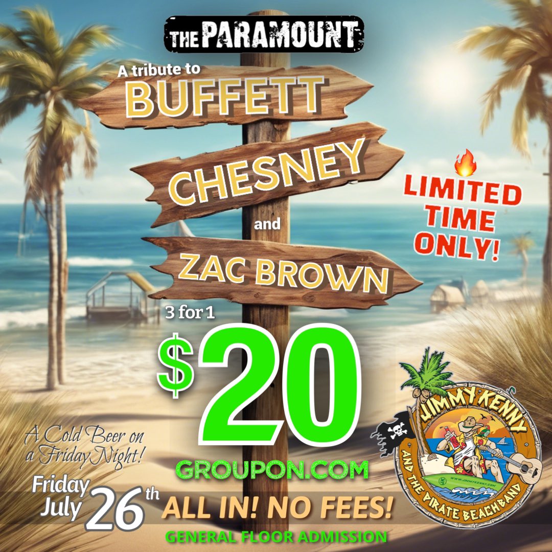 🔥#LONGISLAND $20 “No Fees” GA floor tix available @Groupon for JKB @TheParamountNY Fri July 26!

🎟️ Get all-in for $20 now B4 it’s too late! 🔗👉 tinyurl.com/29f63yzt

#NoShoesNation #Margaritaville #JimmyBuffett #tribute #countrymusic #zacbrownband #KennyChesney #parrothead