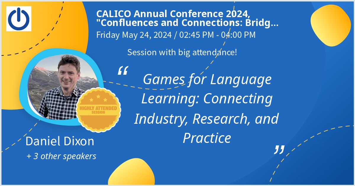 Giving a talk at CALICO Annual Conference 2024, "Confluences and Connections: Bridging Industry and Academia in CALL" on Games for Language Learning: Connecting Industry, Research, and Practice. Looking forward to it! #CALICO2024