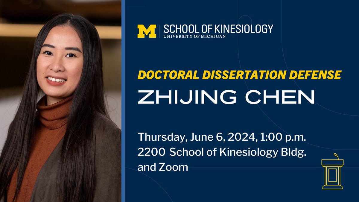 6/6, 1:00pm: Zhijing Chen will defend her dissertation, 'An experimental investigation of decision making in sport betting.' Chair: Dr Dae Hee Kwak. 2200 SKB and Zoom myumi.ch/8rE1z, passcode 295096. Abstract: myumi.ch/xqP1b.