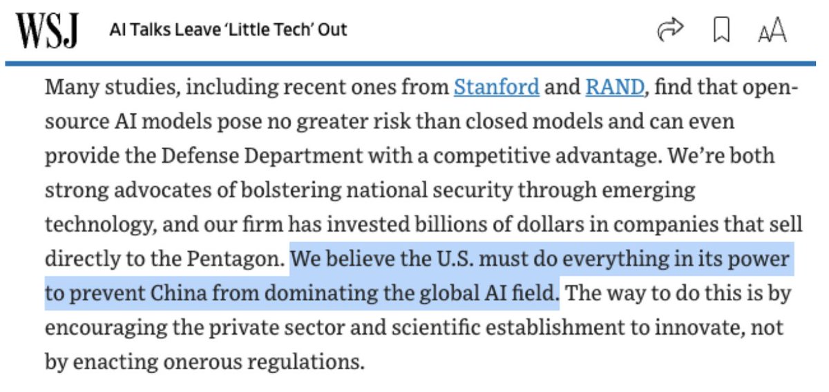 a16z simultaneously argues 1) the US must prevent China from dominating AI, and 2) open source models should proliferate freely across borders (to China)

what does this mean? who knows. i'm just glad at Founders Fund we don't have to promote every current thing at once