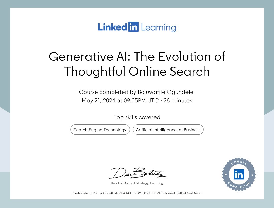 🚀 Just wrapped up Module 2 of the 'Career Essentials in Generative AI' course by @Microsoft and @LI_learning with @3MTTNigeria

'Generative AI: The Evolution of Thoughtful Online Search,' was a deep dive into crafting effective search strategies and mastering the art of prompt..