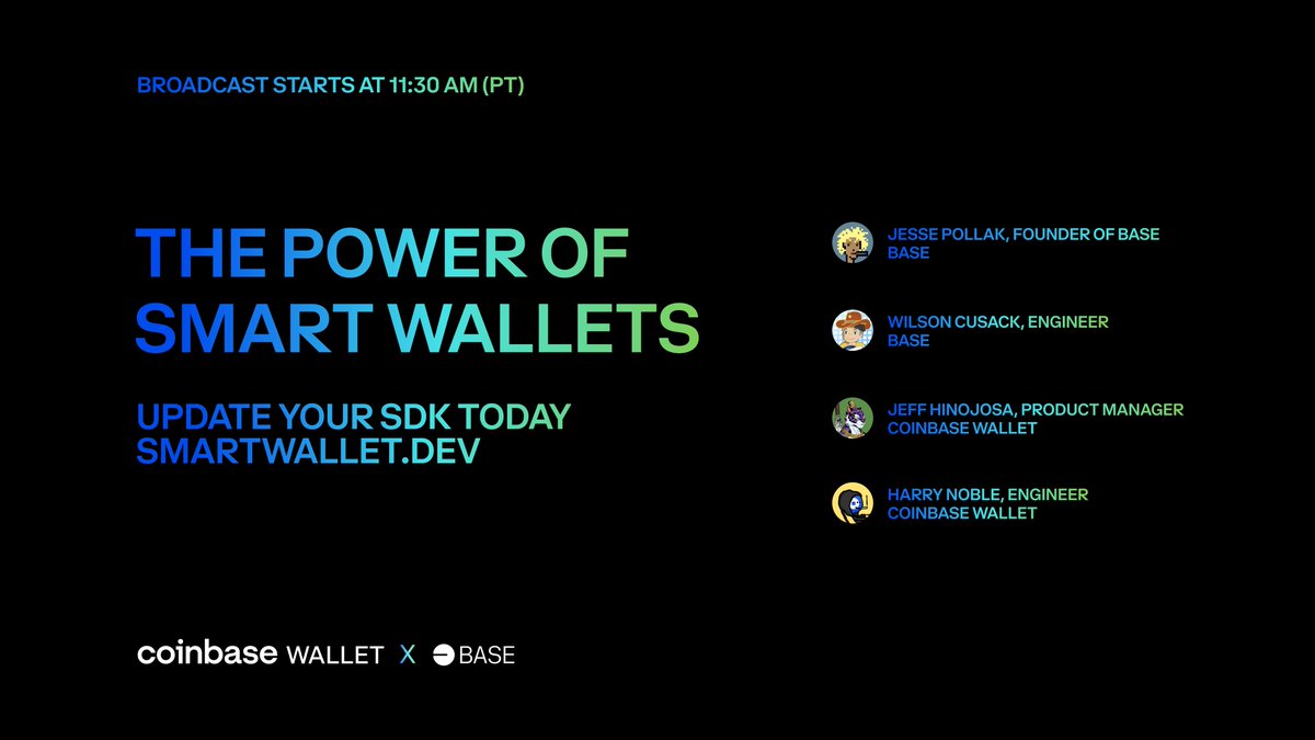 Devs: Join us 5.22 at 11:30 am PT for an in-depth look at Coinbase Smart Wallet and how it can transform the way you onboard new users.

Topics we'll cover:
⤷ RPC &amp; Paymaster
⤷ Batched transactions
⤷ Spending Coinbase balances onchain
⤷ Onchain Summer, Base, and gas credits