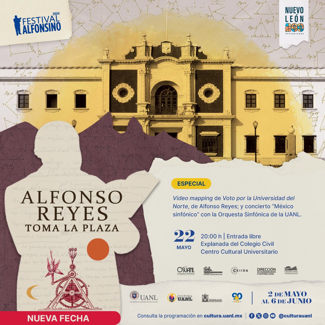La Orquesta Sinfónica de la UANL en concierto gratuito + espectáculo de video mapping alusivo al libro "Voto por la Universidad del Norte", de Alfonso Reyes.  

22 de mayo a las 20:00 horas en la Explanada del <a href="/Colegio_Civil/">Colegio Civil UANL</a>. Sin costo.