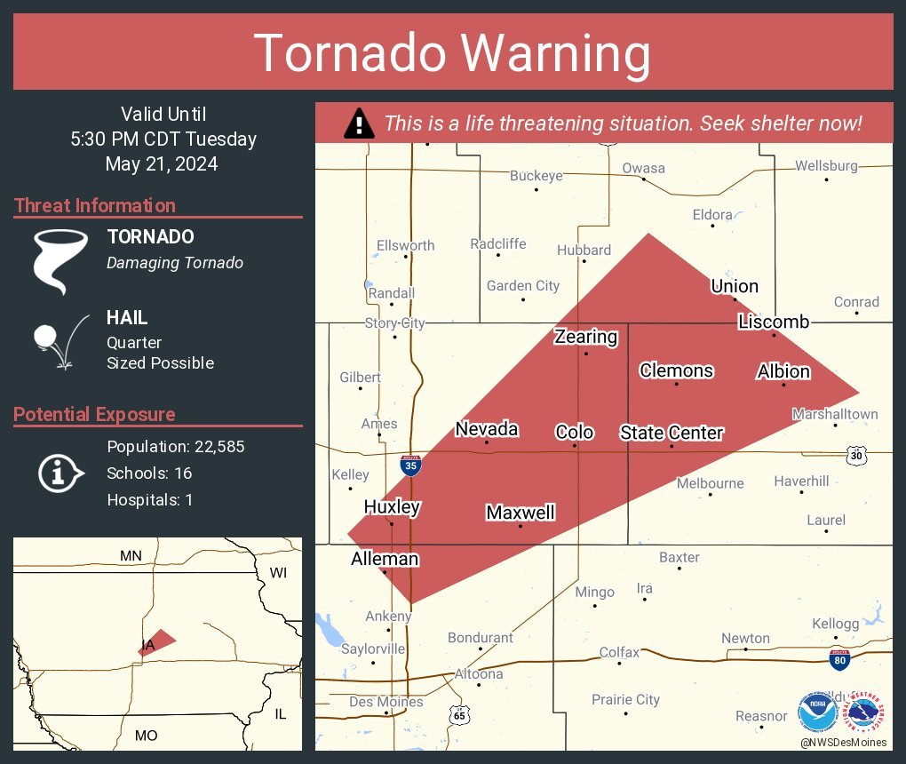LimWeather's tweet photo. #PDS #TornadoWarning with #Tornado OTG for NW #DesMoines metro incl #NevadaIA, #Huxley, #StateCenter cities! #TakeCover now! #Wxtwitter #SevereWx #hail #Wind #wxx #Severewx #Tornadoalley #Iowa #spc #ParticularlyDangerousSituation https://t.co/15SFlq8aAT