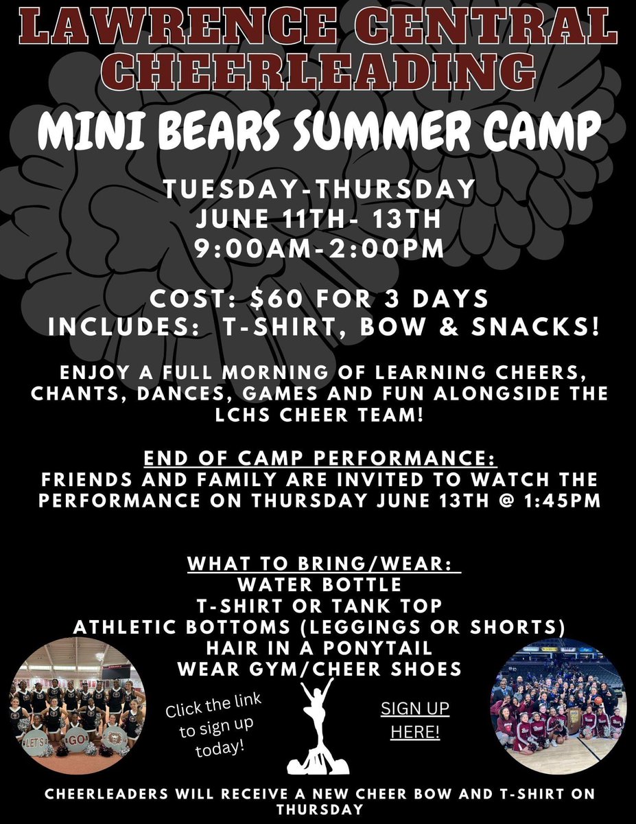It's ALMOST SUMMER!! If you're still looking for a camp, be sure to sign up for our Mini Bears Cheer Camp!! Lots of fun with the LCHS Cheer Team! Hope to see you there!! Sign Up Here: tinyurl.com/9a2r5rhk @ltgoodnews @LCHSAthletics @HarrHillSIPA @MaryCastleElem @SunnysideSIS