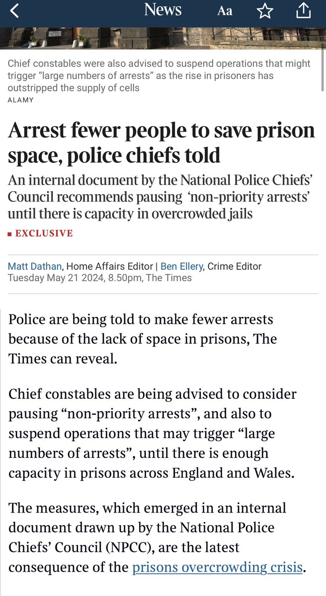 It really has never been a better time to be a criminal and a worse time to be a victim of crime

@thetimes exclusive 

And all the government’s doing 

“Arrest fewer people to save prison space, police chiefs told”