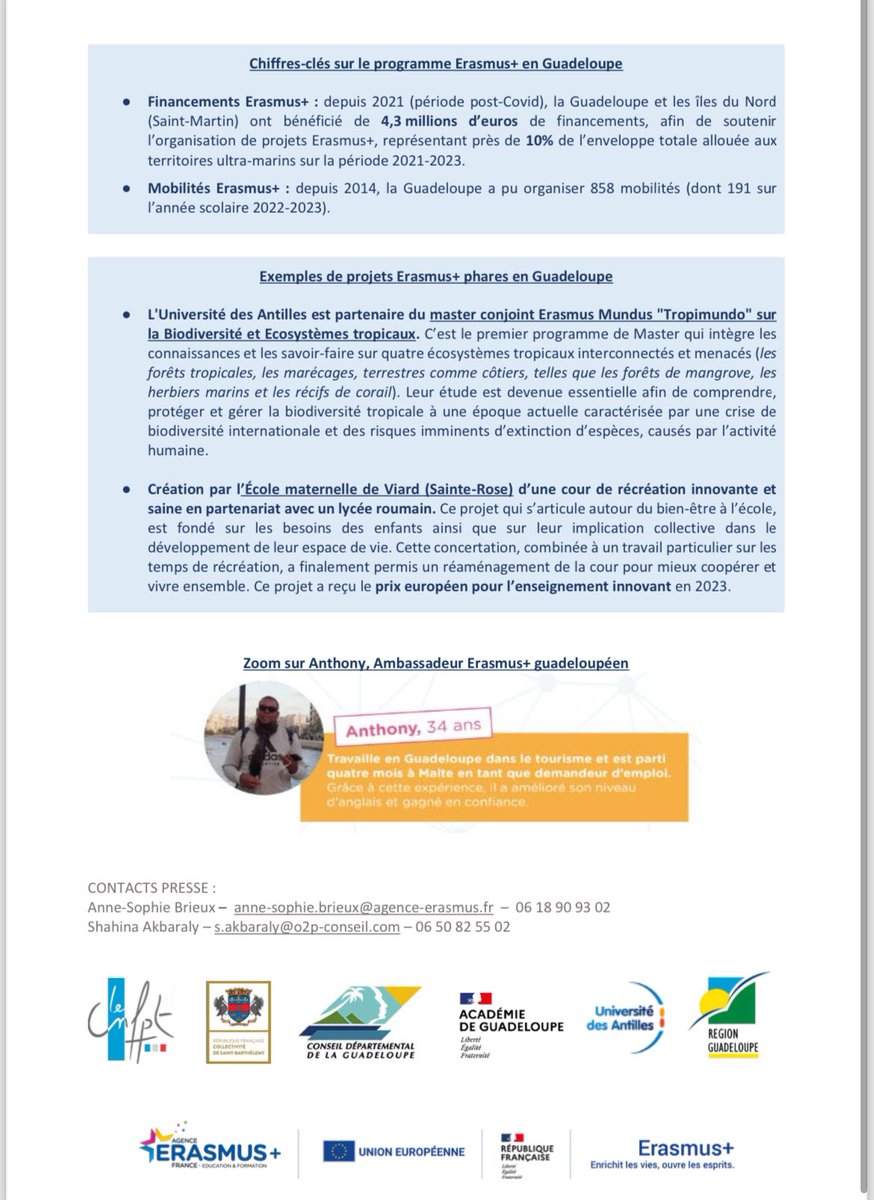L'Agence <a href="/ErasmusplusFR/">Agence Erasmus+ France / Education Formation</a> est en Guadeloupe pour informer et accompagner les acteurs de l’éducation et les collectivités sur les possibilités offertes par le programme Erasmus+ 🇪🇺

Une opportunité unique et une ouverture au monde exceptionnelle pour nos élèves !
