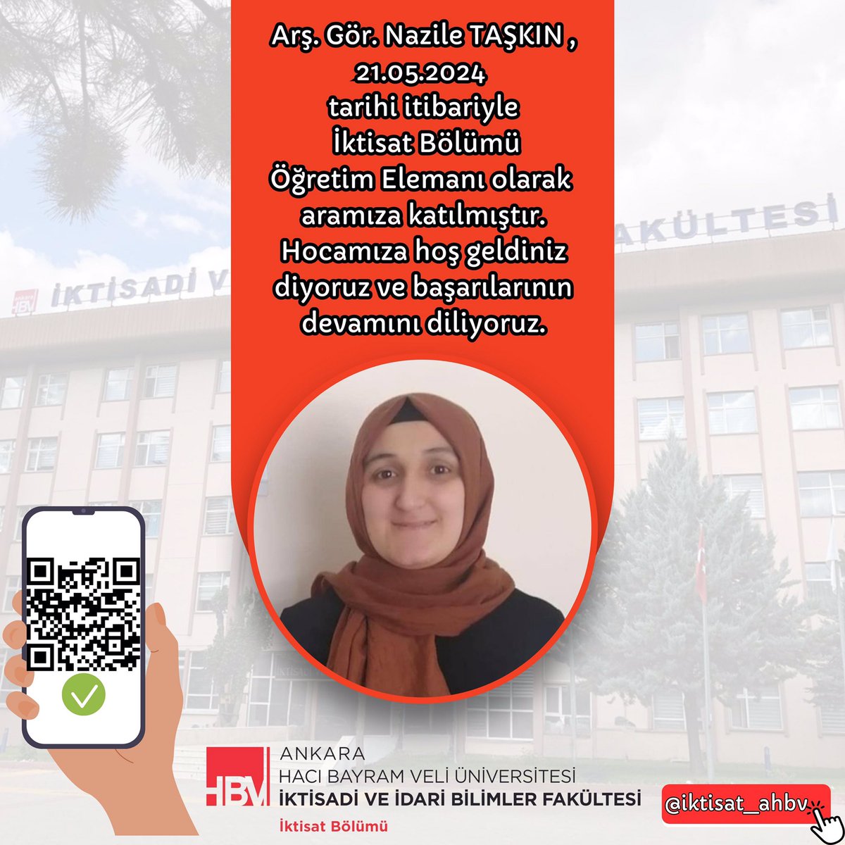 📣 Arş. Gör. Nazile TAŞKIN, İktisat Bölümü Öğretim Elemanı olarak aramıza katılmıştır. Hocamıza hoş geldiniz diyoruz ve başarılarının devamını diliyoruz.