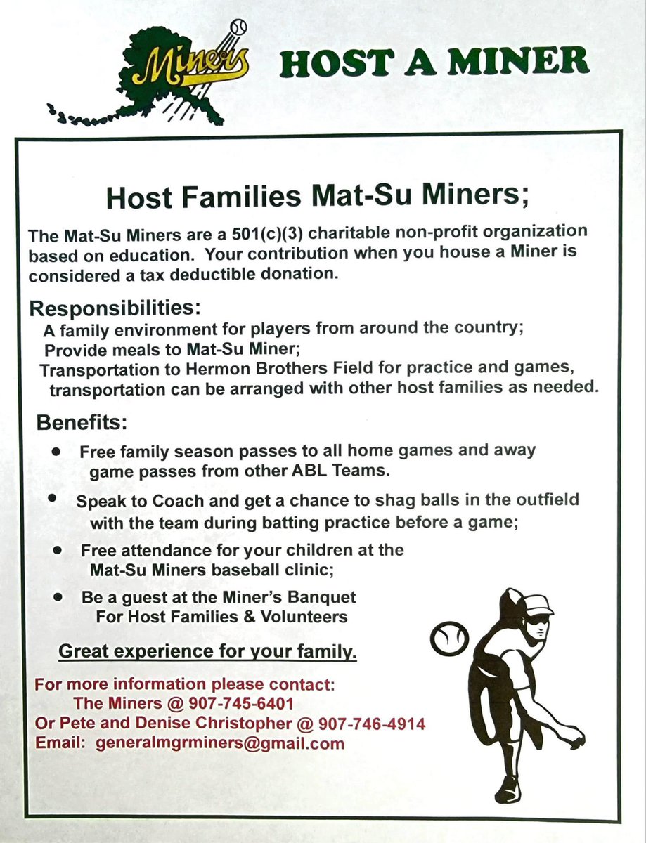 We’re still searching for host families! 

Contact us at the number or email on the image and we’ll get you connected to a Miner for the 2024 season. ⚾️

#palmeralaska #baseball #ablminers