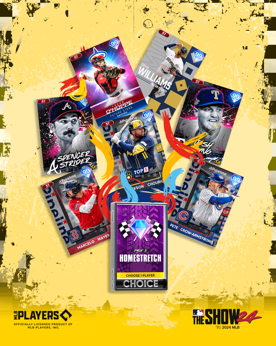 💎💎💎Pipeline Chourio & Hyper Strider
💎💎Pipeline Mayer & Hyper Jung
💎2020 Finest Williams, The Show Classics O’Hoppe, & Pipeline Crow-Armstrong 

Find the Homestretch Choice Pack 3 in The Show Shop tomorrow around noon PT.