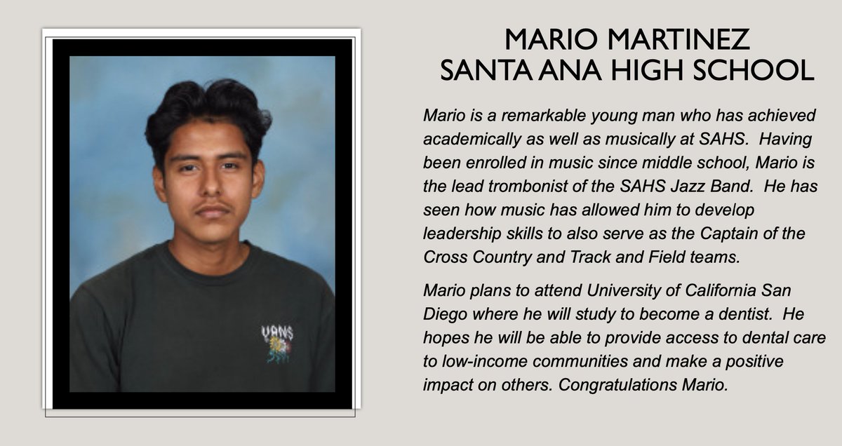 SantaAnaPSF's tweet photo. 🎓 Congrats to #SAPSF recipient Mario Martinez from Santa Ana High! 🌟 An outstanding student and musician, Mario will attend UCSD to study dentistry. He aims to provide dental care to low-income communities. Congrats, Mario! #ClassOf2024 #FutureDentist https://t.co/TpKyhk1bTm