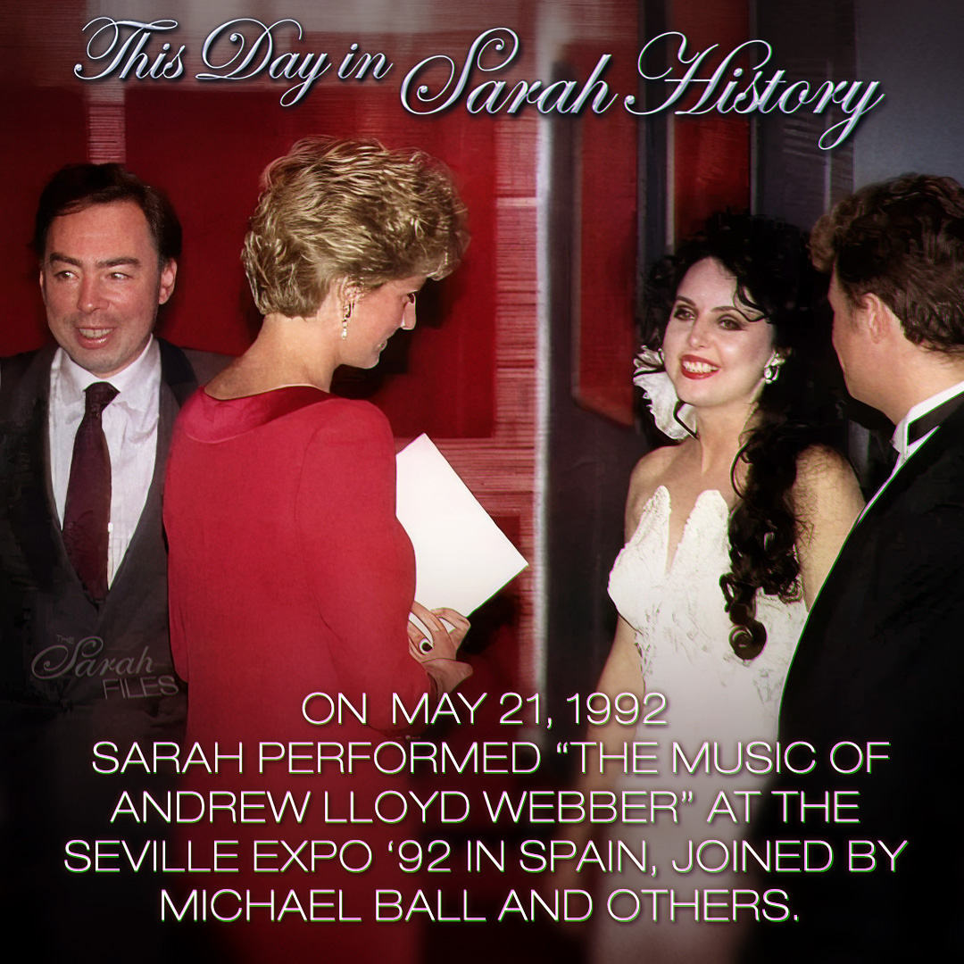 On  May 21, 1992, Sarah performed “The Music of Andrew Lloyd Webber” at the Seville Expo ‘92 in Spain, joined by Michael Ball and other artists for the British National Day celebrations. #sarahbrightman #soprano #andrewlloydwebber #princessdiana #seville #spain #sevilleexpo92