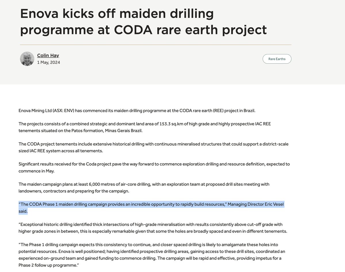 What a great advantage for $ENV that it can leverage off past successful diamond drilling campaigns and now be in a position to establish a resource at CODA