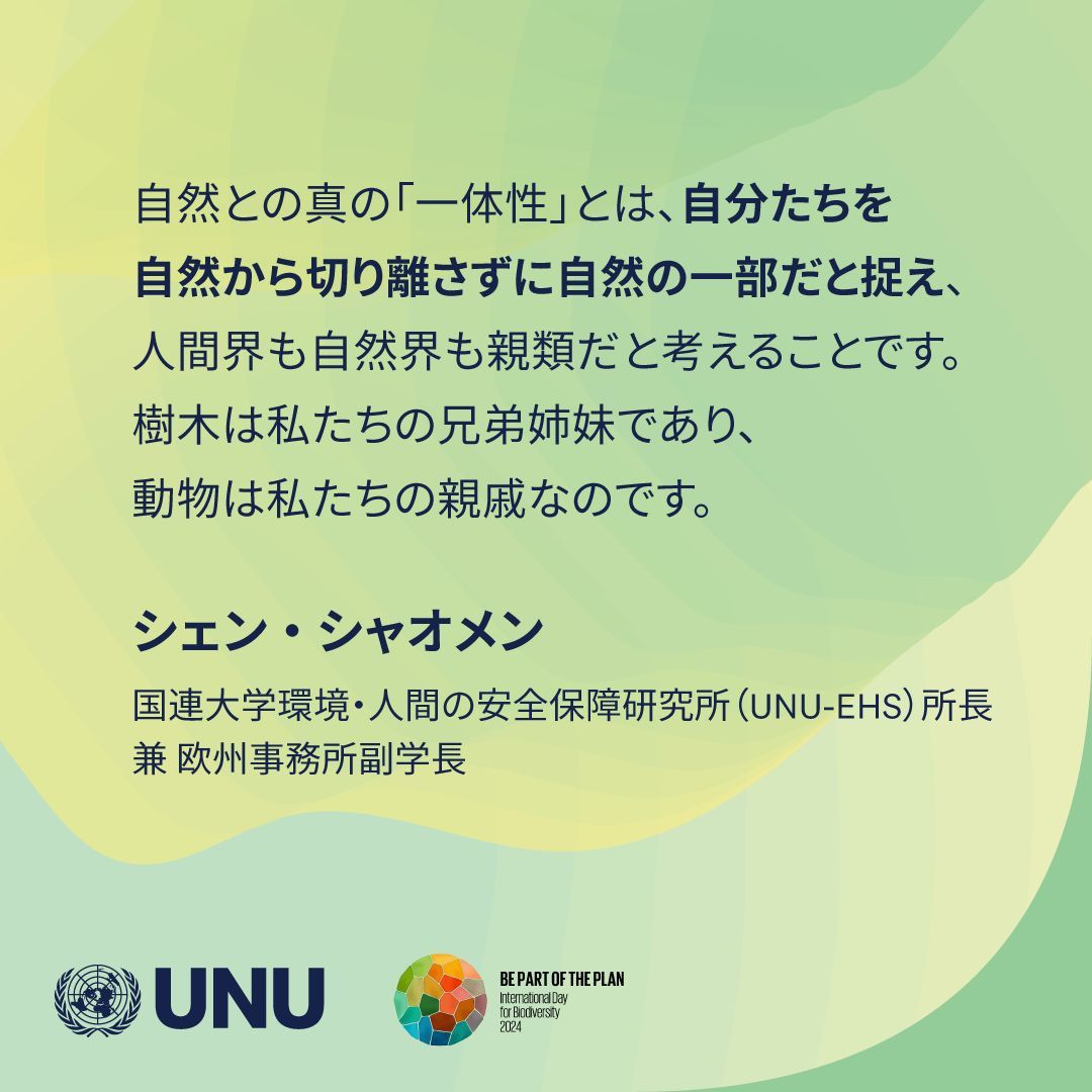 5/22は #国際生物多様性の日 🐿️ 🦘🦩🐛🐳🦋

#国連大学 @UNUEHSのシェン・シャオメン所長は、私たち人間と自然は一体であり、切り離して考えるべきではないと強調しています。

@UNBiodiversity #共に未来を #勉強しようSDGs #気候危機 #生物多様性 #海洋汚染