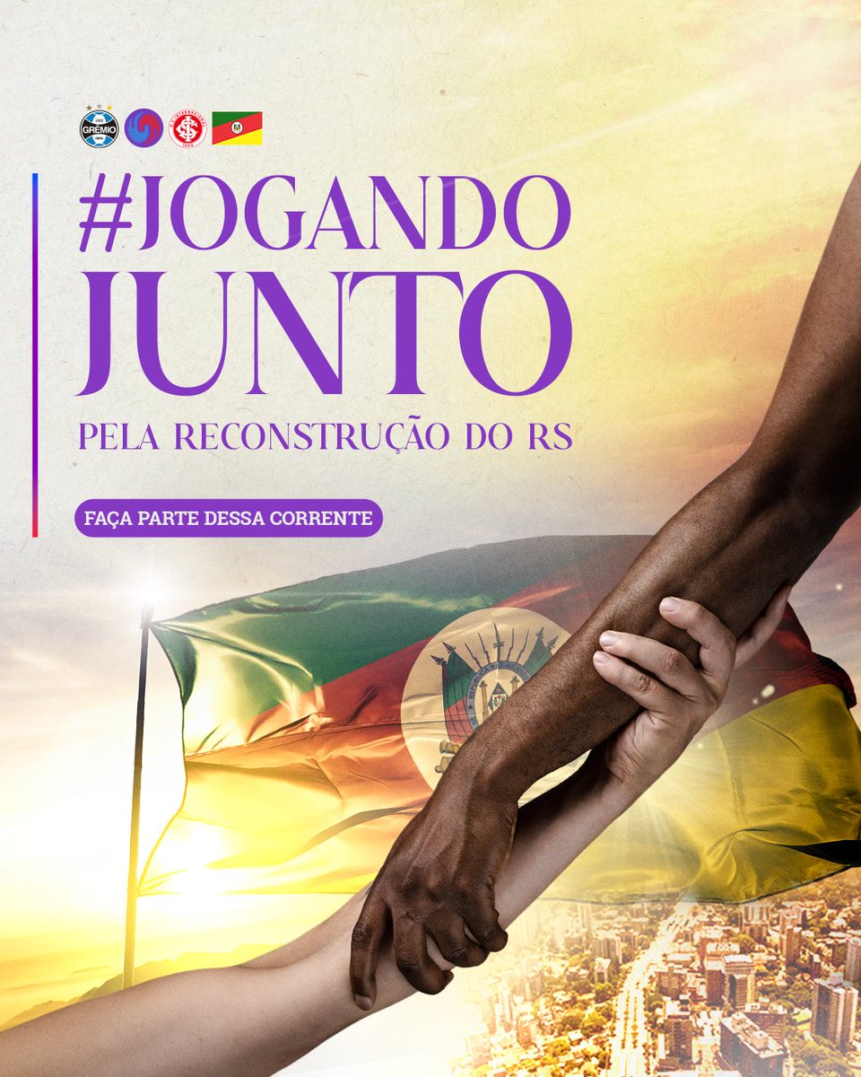 CORRENTE DE UNIÃO! 💙+❤️ = 💜 Neste momento, milhares de pessoas que vivem no nosso estado precisam de ajuda. É #JogandoJunto que vamos reconstruir o Rio Grande do Sul! 💪 Acesse jogandojunto.com, saiba mais sobre a união de Grêmio e @SCInternacional pelo RS e faça parte