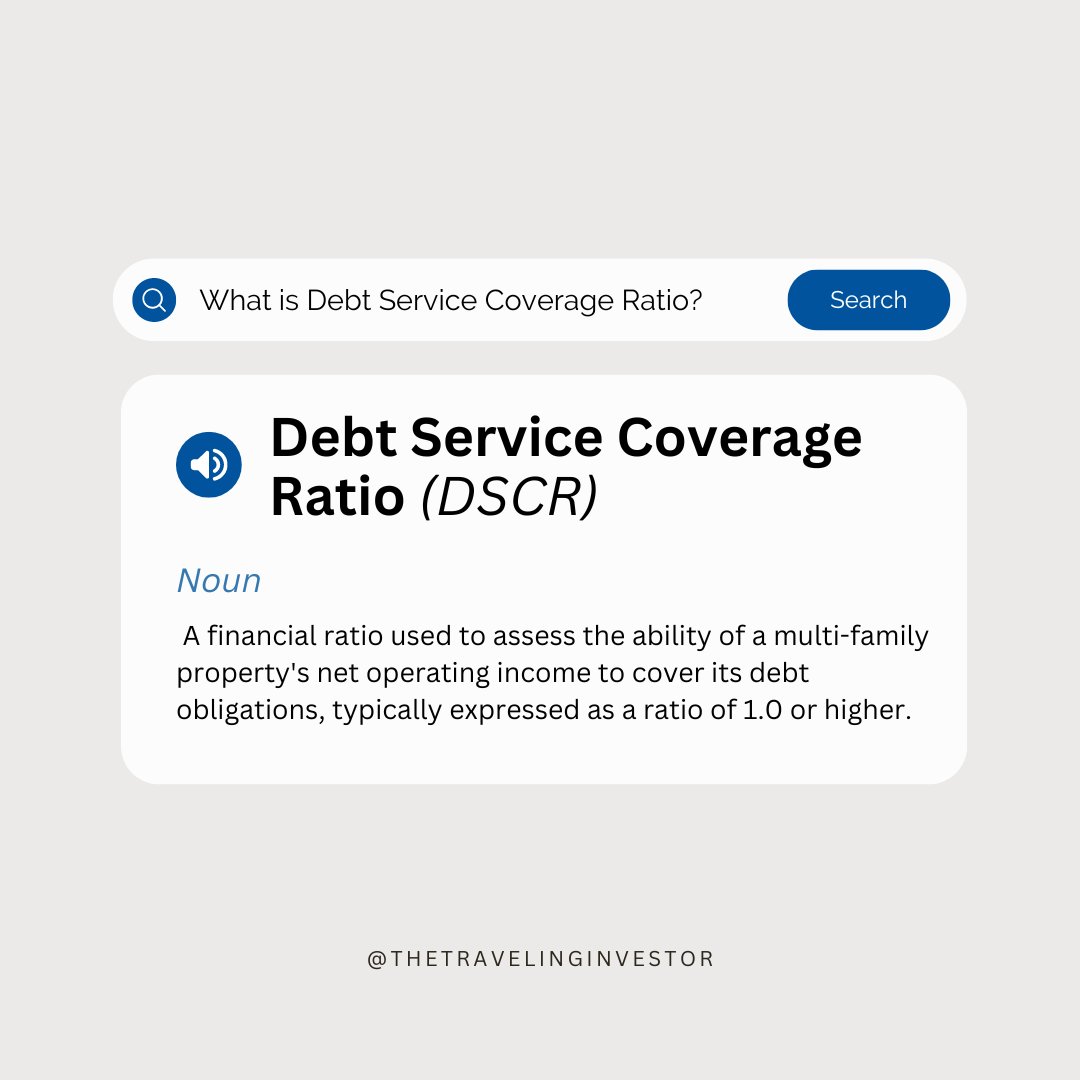 Debt Service Coverage Ratio (DSCR) measures a property's net income vs. debt. A ratio of 1.0+ means your income covers your debts, signaling a healthy investment. Join our 2-day event to learn more! 🔗 Register now: bit.ly/2DayMultifamil… 👈 #realestatelife