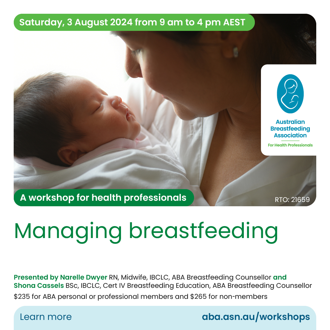 Attention all health professionals! We will be delivering our ‘Managing breastfeeding’ workshop online on Saturday, 3 August 9am - 4pm AEST Register today for ‘Managing breastfeeding’ by visiting aba.asn.au/workshops