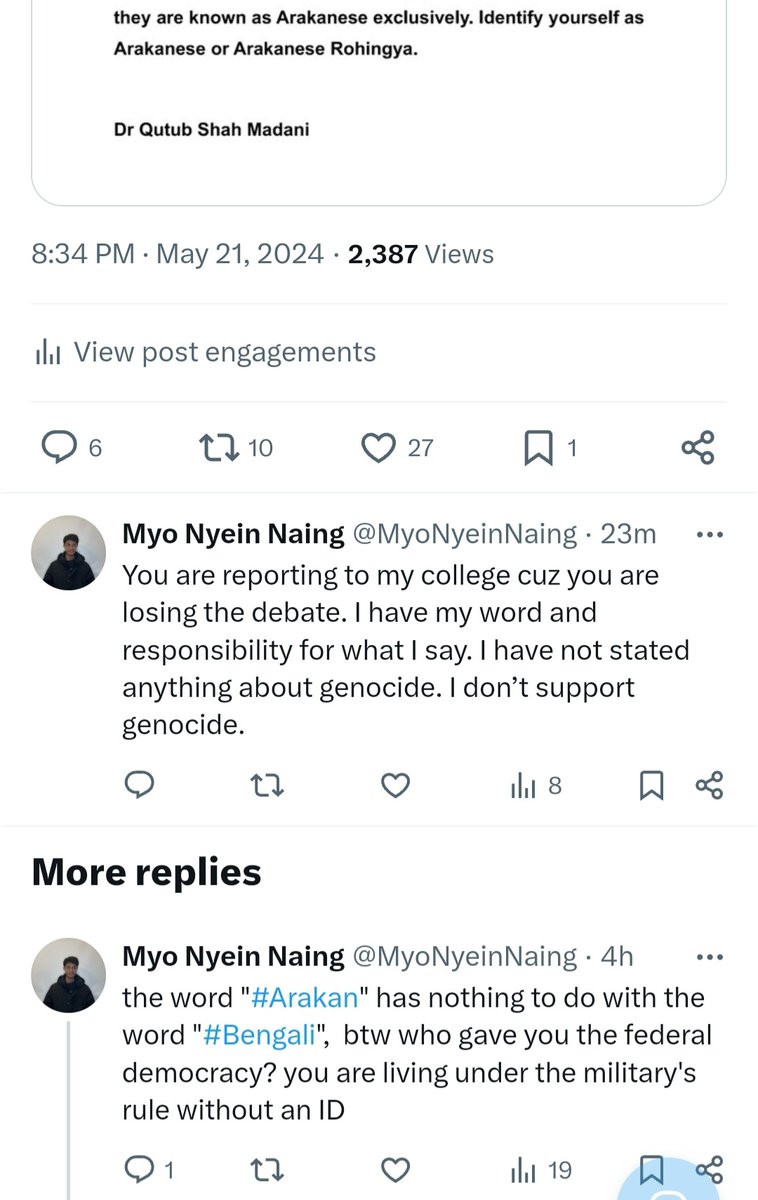 Here's a Rakhine man studying at @StOlaf using genocidal language to describe Rohingya ethnic group as 'Bengalis'. The term is used by the #Myanmar military to justify committing mass atrocities & so is Rakhine Army. Let's see if the school cares about incitement of hate/violence