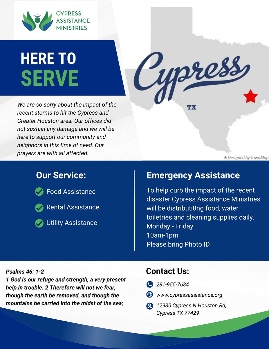 Cypress Assistance Ministries are offering help to our neighbors! See details in the flyer below.