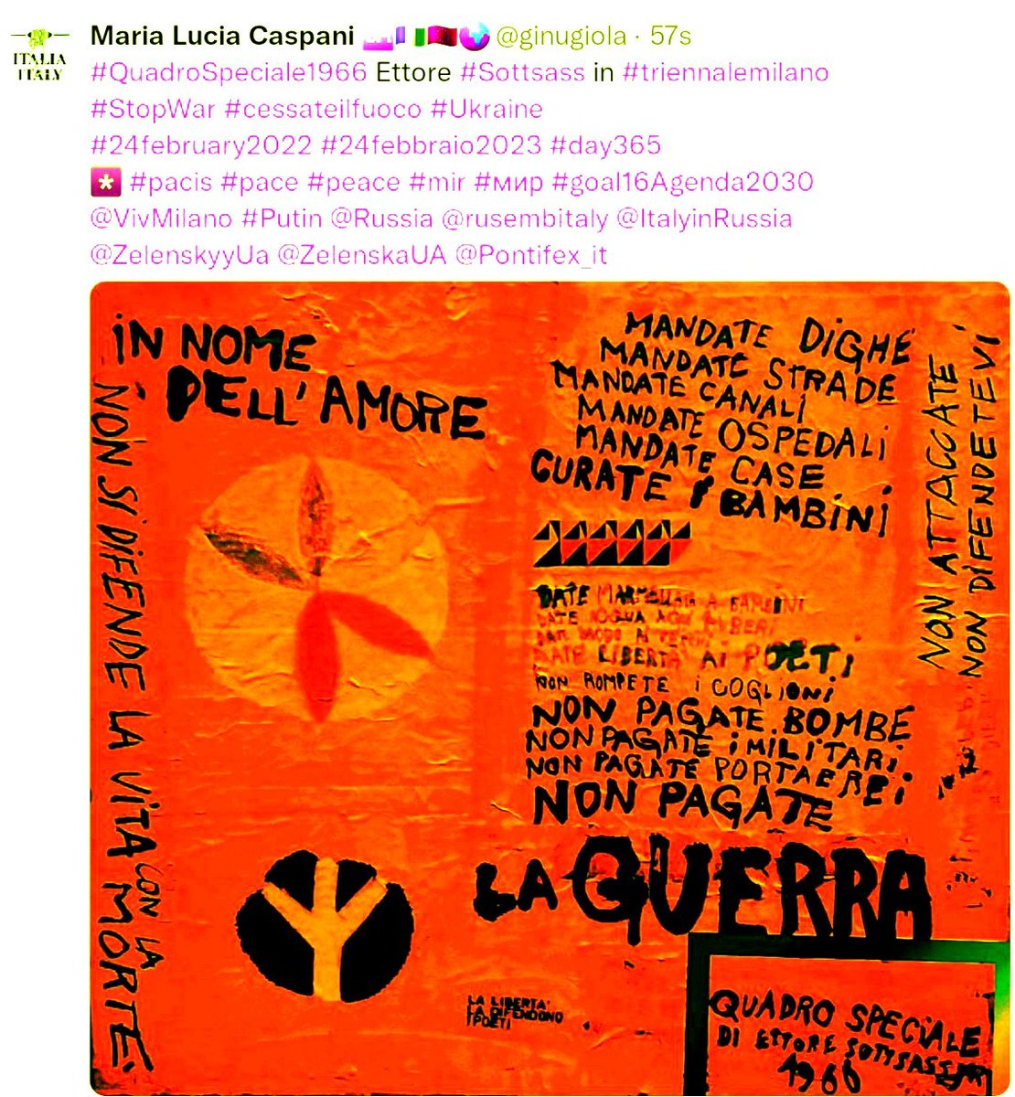 #QuadroSpeciale1966 Ettore #Sottsass 
già in mostra #triennalemi 
#StopWar #cessateilfuoco
#22May #22maggio2024
*️⃣ #pacis #mir #paz #paix
#goal16 #Agenda2030 @UN
#PremioPaceCentroArteSeverMI 
#Culture4Peace #SoloPace 
@VivMilano @wobi_it @liliaragnar @NicoEsp72 @MarianoGiustino