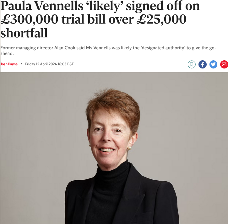 Paula Vennells wasting 12x as much money to try recover a 1/12th even while knowing they were almost certainly innocent, and it was all your taxpayer money. Who does she think she was working for HMRC?