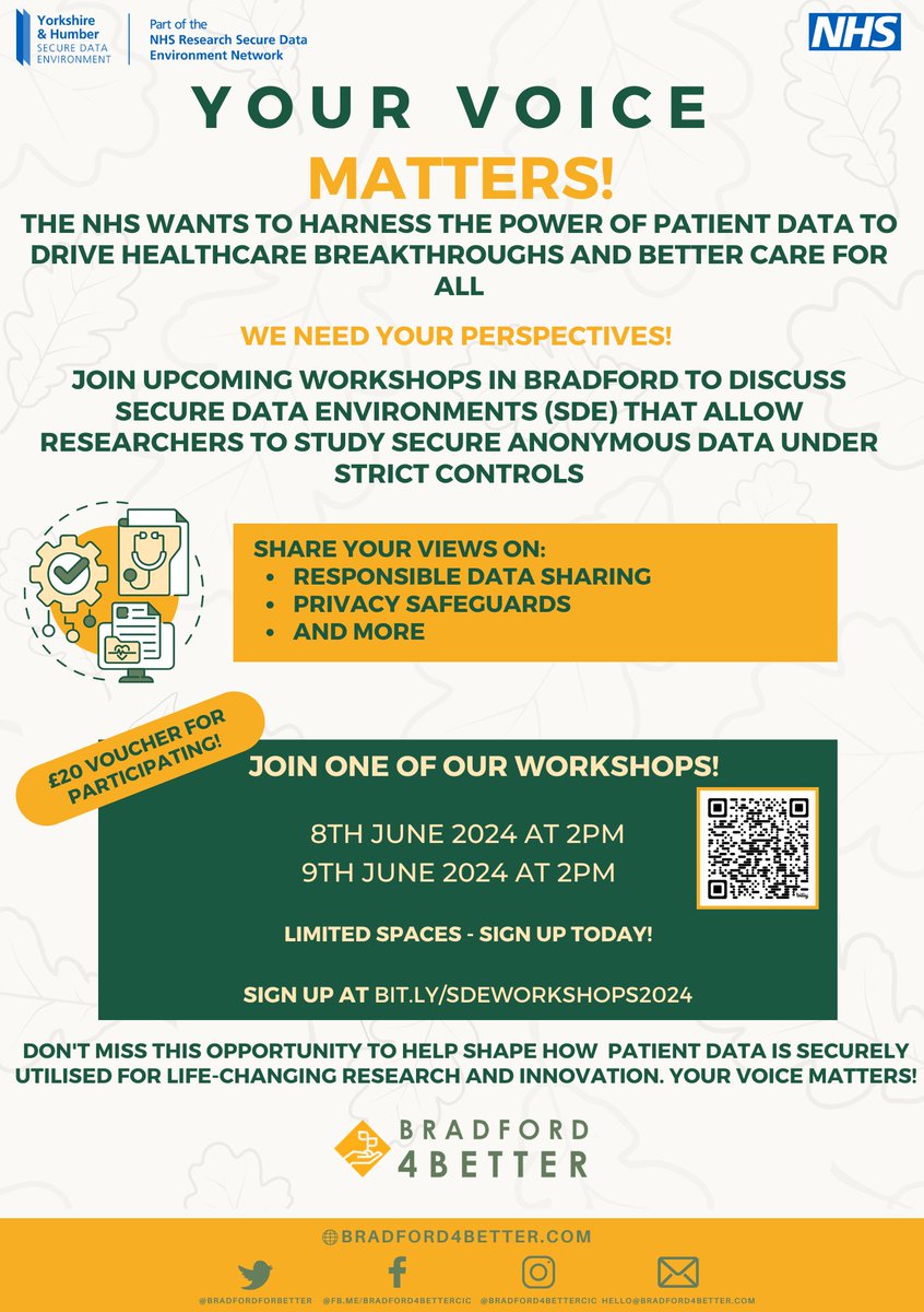 bradford4better's tweet image. We&apos;re looking for volunteers to join workshops discussing secure data environments being developed to make anonymised health data available for studies while protecting privacy.

Participants get a £20 gift card as a thank you!

Sign up here:
bit.ly/sdeworkshops20…