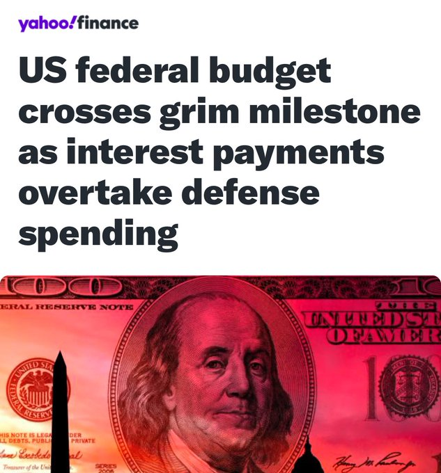 ALERT: US federal budget crosses grim milestone as interest payments overtake defense spending. This is very BAD ... For the first seven months of fiscal year 2024, which began last October, net interest payments totaled $514 billion, outpacing defense by $20 billion.