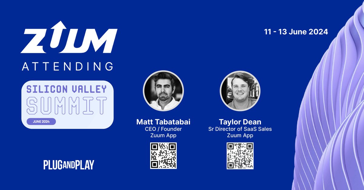 Zuum App (@zuumapp) on Twitter photo Excited to announce that the <a href="/Zuumapp/">Zuum App</a> team, Matt Tabatabai and Taylor Dean, will be attending the <a href="/PlugandPlayTC/">Plug and Play Tech Center</a> Silicon Valley Summit on June 11-13! We're looking forward to connecting and discussing our innovative tech solutions. Let's meet up and explore the future together! Excited to announce that the <a href="/Zuumapp/">Zuum App</a> team, Matt Tabatabai and Taylor Dean, will be attending the <a href="/PlugandPlayTC/">Plug and Play Tech Center</a> Silicon Valley Summit on June 11-13! We're looking forward to connecting and discussing our innovative tech solutions. Let's meet up and explore the future together!