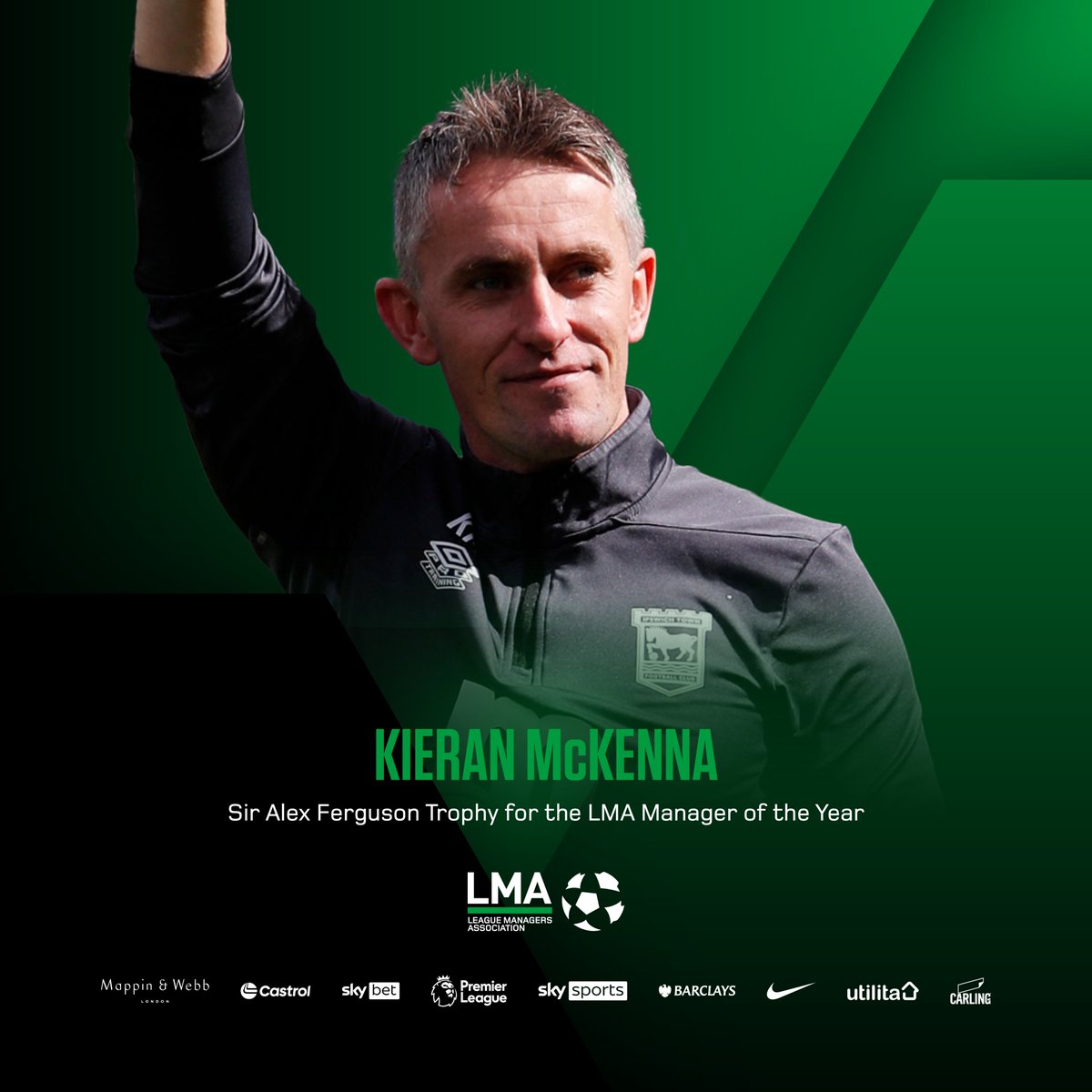 Congratulations to <a href="/IpswichTown/">Ipswich Town</a> manager Kieran McKenna for winning the Sir Alex Ferguson Trophy and becoming the LMA Manager of the Year.

#LMAAnnualAwards | <a href="/SkySports/">Sky Sports</a>