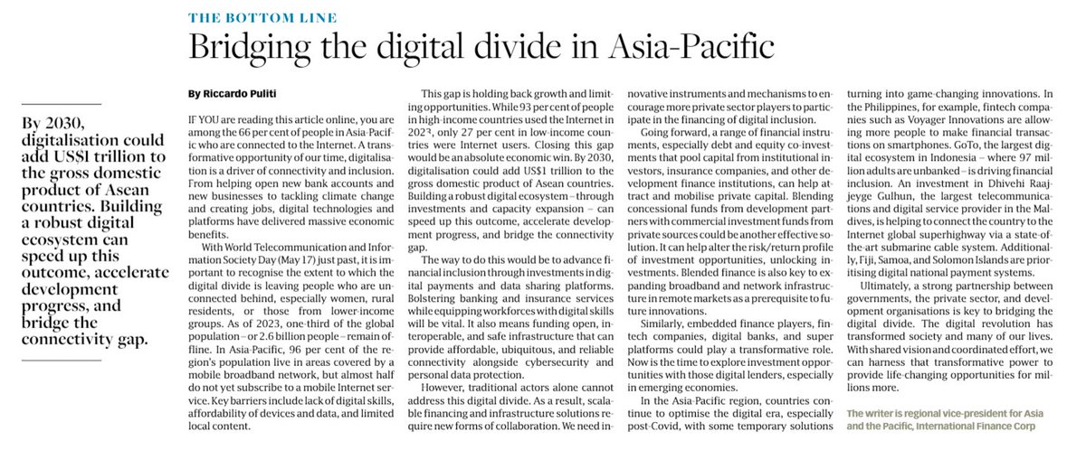 Traditional efforts aren't enough to tackle the digital gap. We need innovative collaboration for scalable financing and infrastructure solutions. Thank you to @BusinessTimes for enabling me to share how private sector participation can drive digital inclusion for all. 💻🤝
