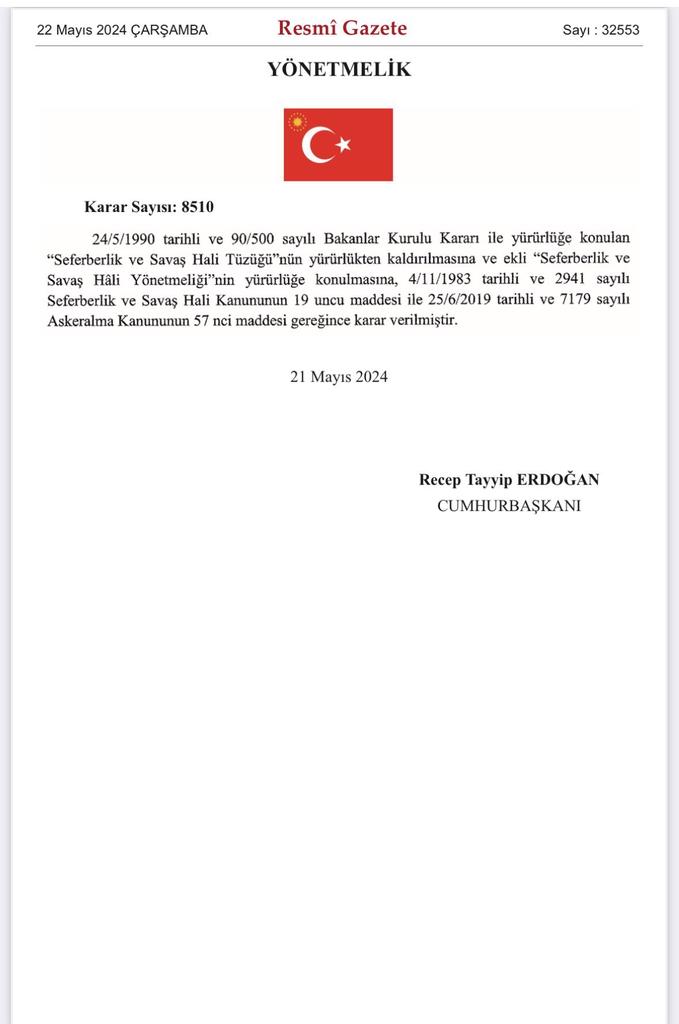 🚨🚨🚨
" قبل قليل وبشكل مفاجئ تركيا تنشر في الجريده الرسميه 
لوائح مكونه من 52 صفحه حول الإجراءات المتبعه
"في حالة دخول تركيا في حالة الحرب واعلان التعبئه العامه "