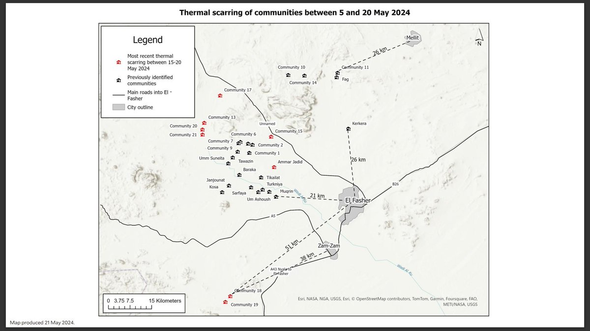 REPORT: Significant new conflict-related damage in northeast, east + southeast neighborhoods in El-Fasher, 14-18 May totalling 0.467 km2.
RSF gaining ground in several directions + conflict related damage encircles southeast El-Fasher.
🛰️: @maxar @planet
medicine.yale.edu/lab/khoshnood/…