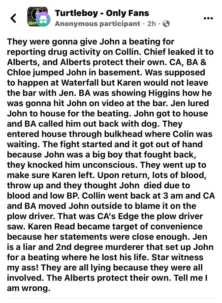 Just read this by an account Turtleboy only fans and I must say and sounds pretty accurate regarding the #karenread #KarenReadTrial #JenMcCabe