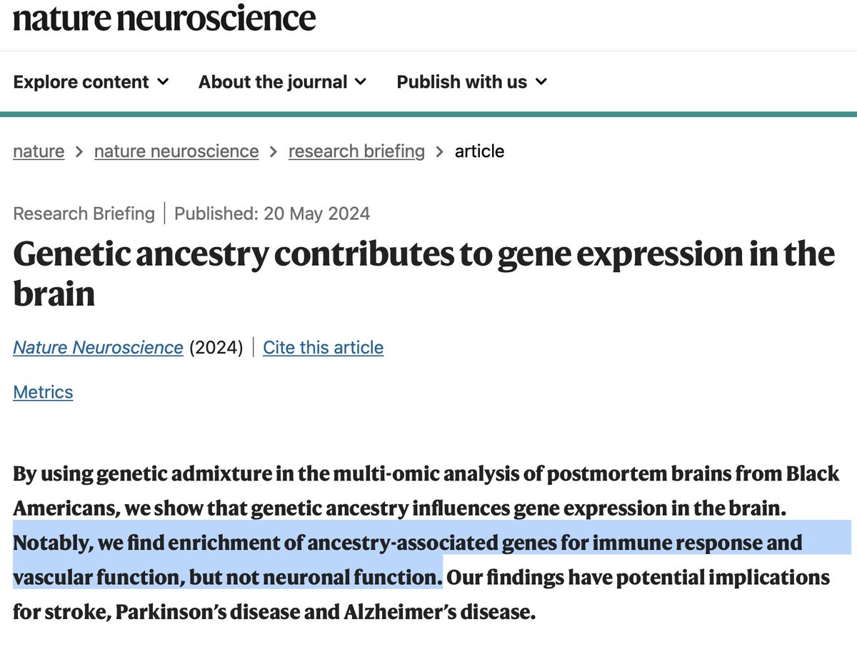 Pathogen pressure is a v. strong selection pressure. If there were gene-based population differences in cognition, they would probably be related to pathogens New @NatureNeuro paper: Immune genes show ancestry-related differential expression in the brain: nature.com/articles/s4159…