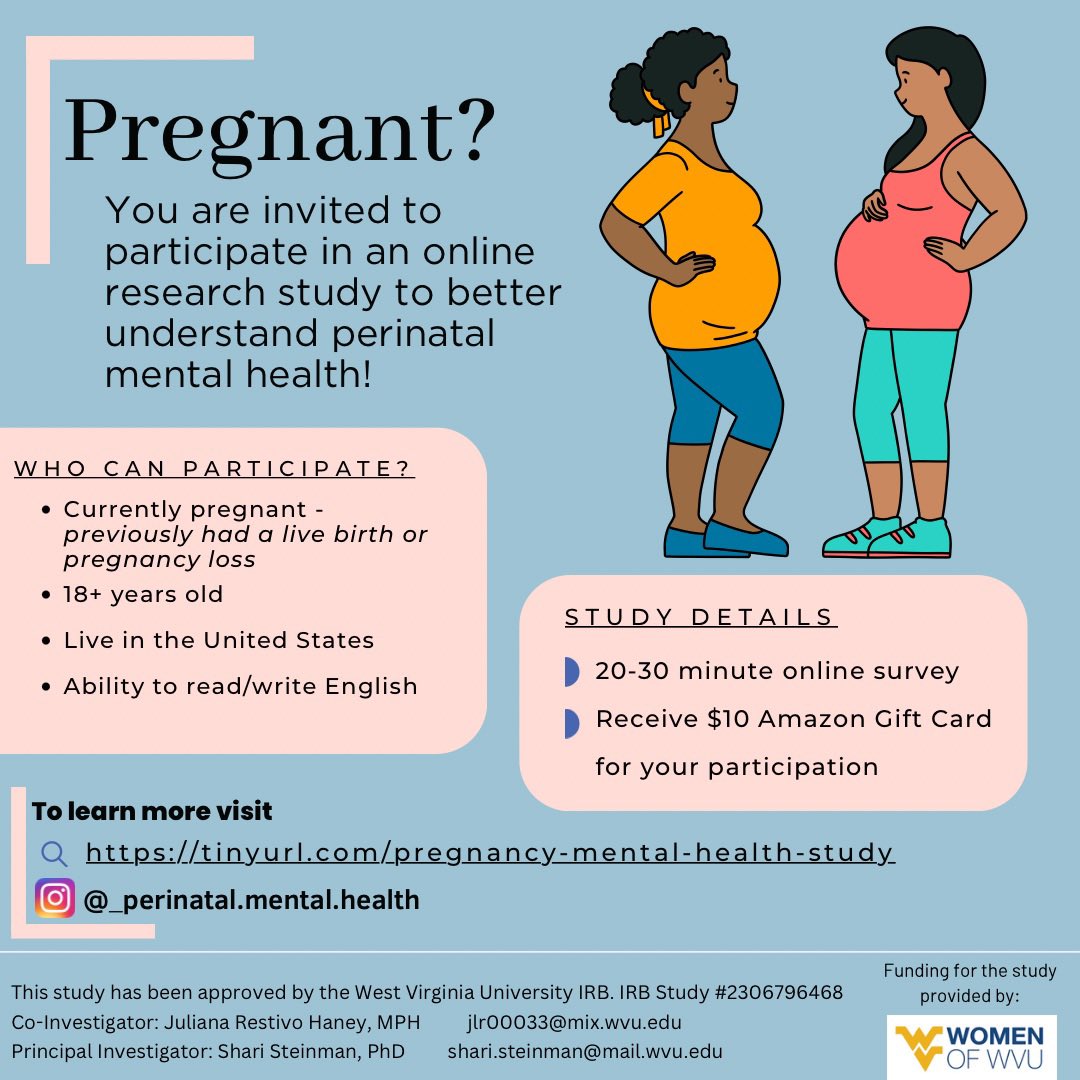 Please share! We are actively recruiting currently pregnant individuals to participate in an online 20-30 minute study on mental health during pregnancy! Thank you 😊🤰🏼 wvu.qualtrics.com/jfe/form/SV_1Y…