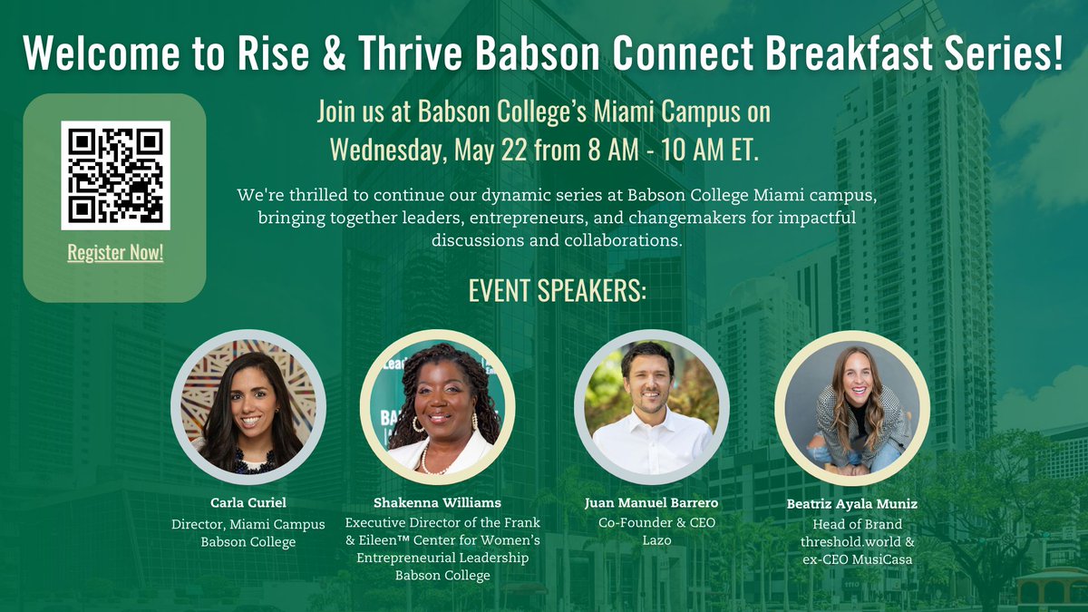 LAST CALL for Rise &amp; Thrive Breakfast Series tomorrow by <a href="/babson/">Babson College</a> College Miami! 😱

Join <a href="/JuanMBarrero/">Juan Manuel Barrero</a>, @beajando_, <a href="/carla_curiel/">Carla Curiel</a> and learn how to harness the power of connections, conversation, and collaborations for real impact 💪🏼

Register here: web.cvent.com/event/9e4be20c… 🎉