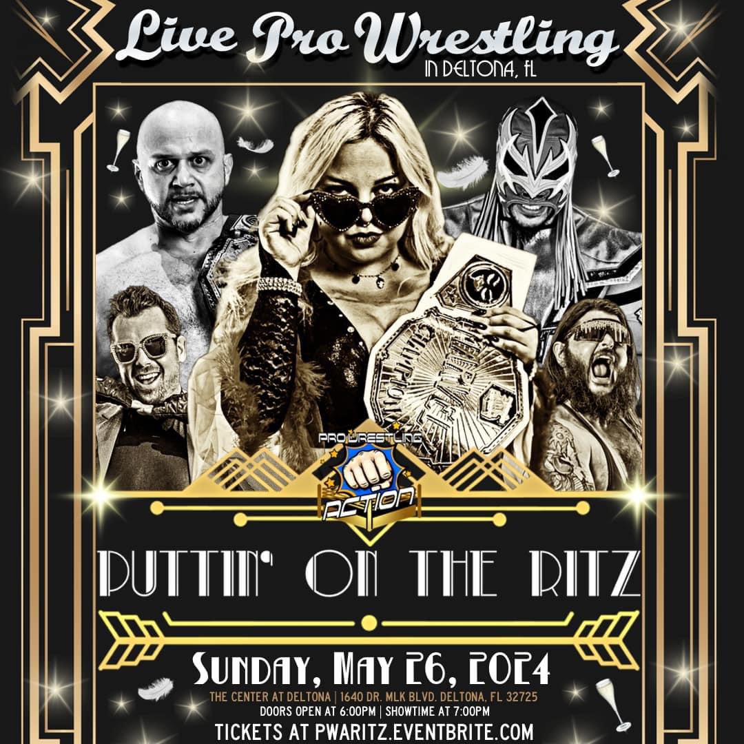 THIS SUNDAY IN DELTONA! Step back to the roaring 20s with Pro Wrestling Action's Puttin' On The Ritz! 🎩✨ Sunday, May 26th at 7:00 PM 📍 Deltona, FL Use code **SOCIAL** for 15% off at PWARITZ.EVENTBRITE.COM. General admission and VIP upgrades available. Don’t miss out! 🎟️✨