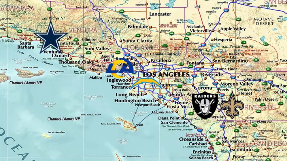 There will be five NFL training camps in Southern California this summer. - Dallas Cowboys: Oxnard - Los Angeles Rams: Los Angeles - Los Angeles Chargers: El Segundo - Las Vegas Raiders: Costa Mesa - New Orleans Saints: Irvine