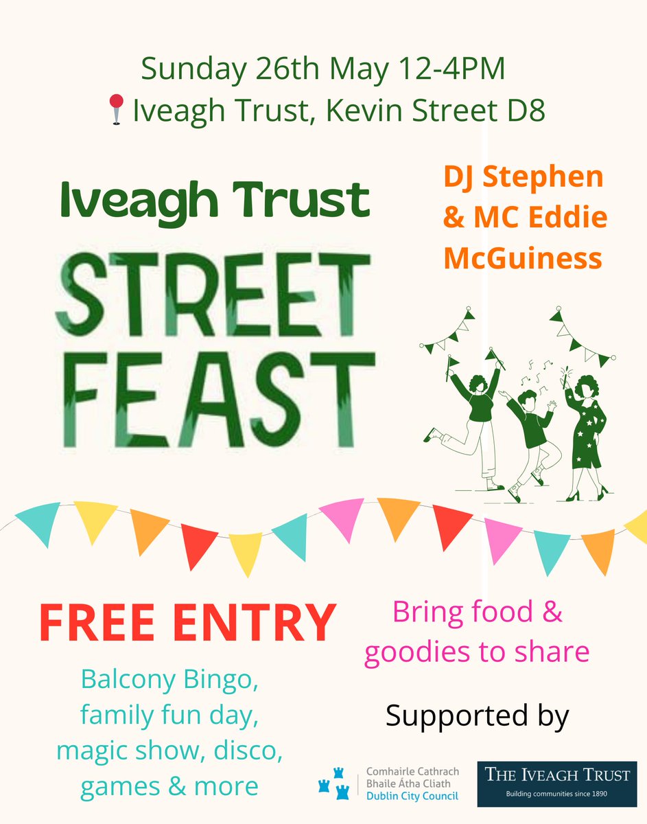 Join us for @streetfeast this Sunday 12noon-4pm with Balcony Bingo, to a family fun day and lots more here at @theiveaghtrust Kevin Street D8 supported by @DubCityCouncil community section and team Let's make this an amazing Fun Day for all the community ❤️ Hosted by myself & DJ