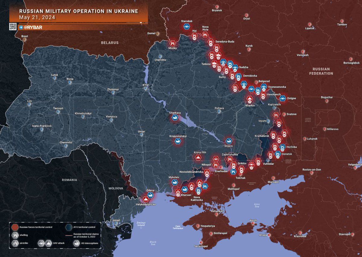 🇷🇺 🇺🇦 Chronique d'une opération militaire spéciale du 21 mai 2024.
Les troupes russes continuent de frapper les positions des forces armées ukrainiennes le long de la ligne de front et à l'arrière. Des cibles ennemies ont été touchées à Velikodolinskoye, dans la région d'Odessa,
