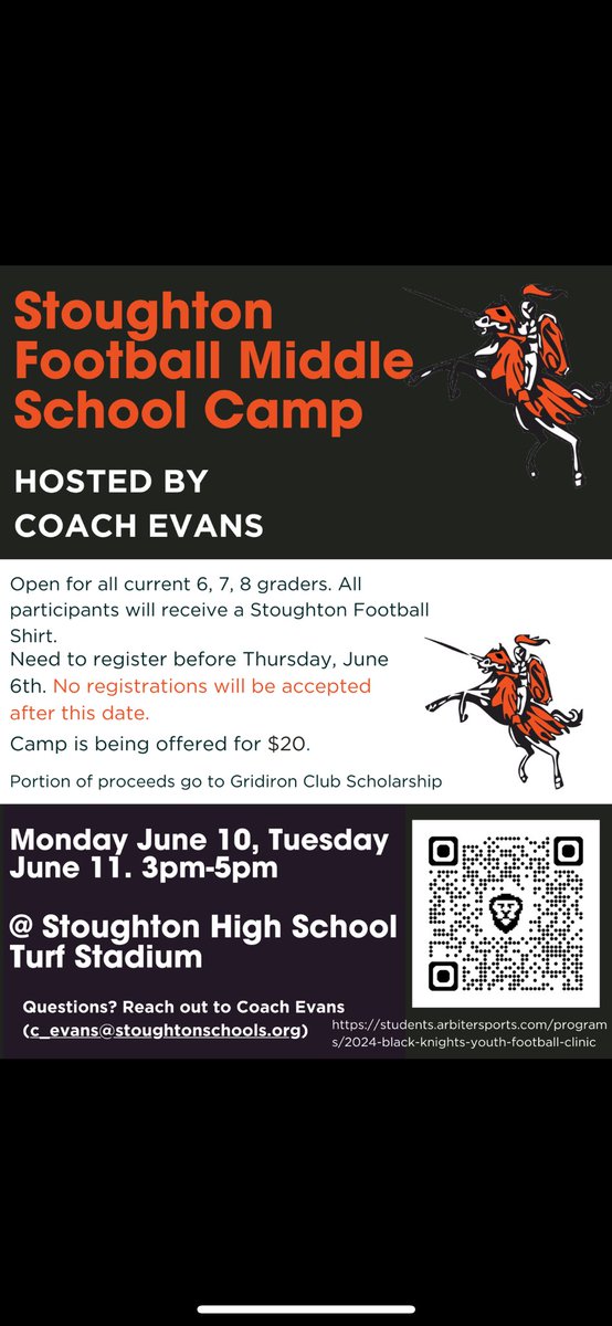 CoachEvans_SHS's tweet photo. 🚨 🚨 🚨
Middle school football camp. Monday 6/10 and Tuesday 6/11. All participants must sign up through FamilyID (link and QRC below). The future is now! #community #builditback #ST02072
@StoughtonPS @BlackKnights_AD @STOYAC
⬛️🟧⬛️🟧 https://t.co/OyGMWIQ7C9