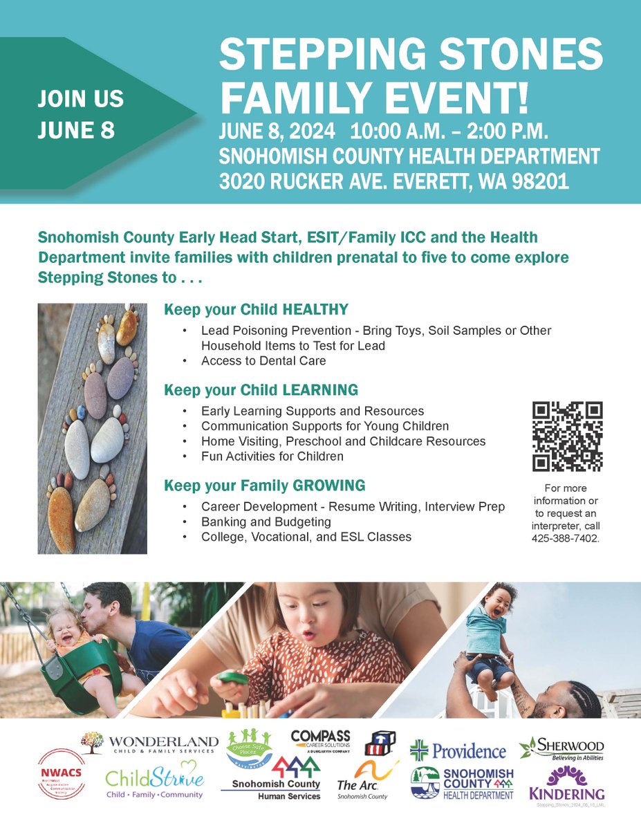 Join us at the 2024 Stepping Stones Family Event on June 8, 10 a.m. – 2 p.m. at @SnoHD. Explore resources to keep your child healthy, learning, and your family growing. See you there! #SteppingStones #FamilyEvent #SnohomishCounty