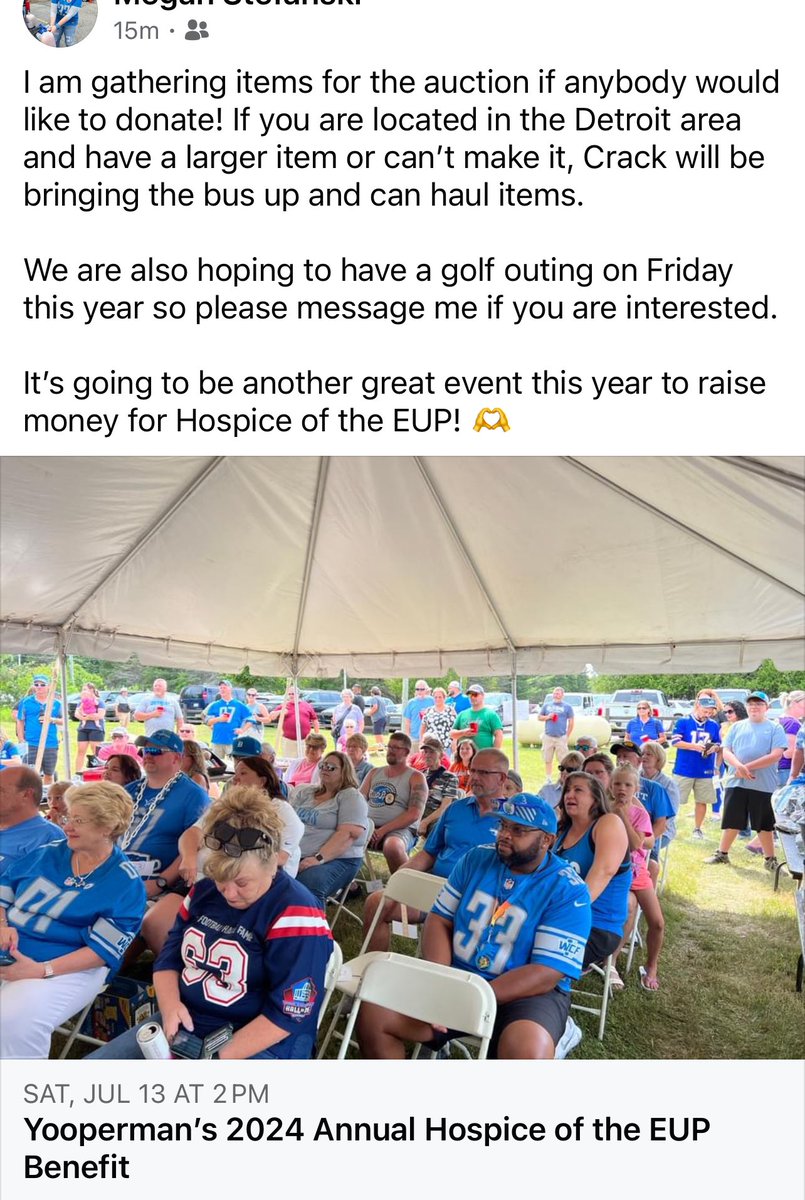 The annual Yooperman’s Tailgate Benefit & Auction for Hospice of the EUP is coming up on July 13th if anybody would like to join or donate items. If you’re in the Detroit area- @lions_crackman will be filling our bus with items to bring up! 

Last year we raised over $30,000! 😊
