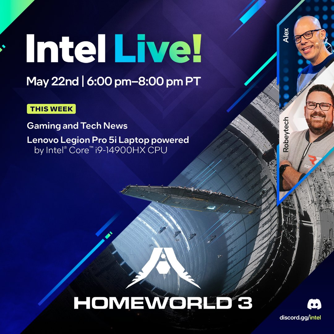 Wait... It's not Friday 🤔 Set your reminders for Wednesday! @robeytech and Alex are back tomorrow with a look at the @LenovoLegion Pro 5i with an Intel Core CPU 14900HX, and playing @HomeworldGame! 🚀 🔗intel.ly/3WSr3l4 🗓️5/22